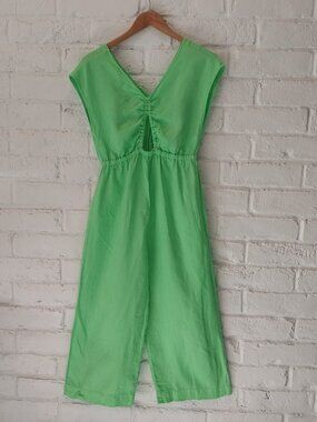 ZARA Jumpsuit Girl 13 14 Junior Lime Green 100% Linen Wide Leg Sleeveless Romper
